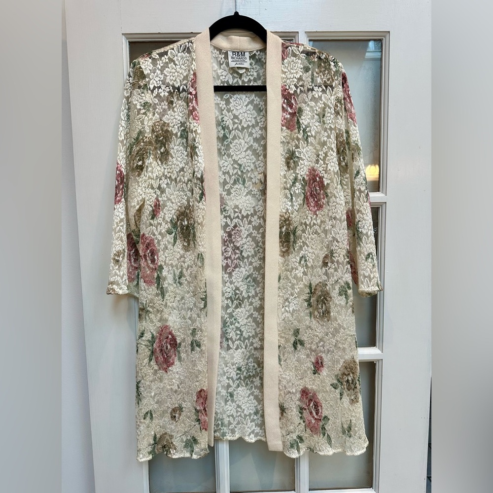Vintage R&M Richards Floral Rose Lace Duster Cardigan Romantic Fairy Size 10P